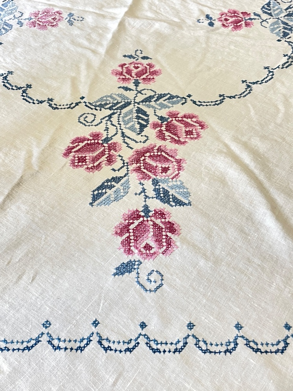 Vintage 64" Round Hand Embroidered Roses Linen Tablecloth Pink Blue - Picture 11 of 16